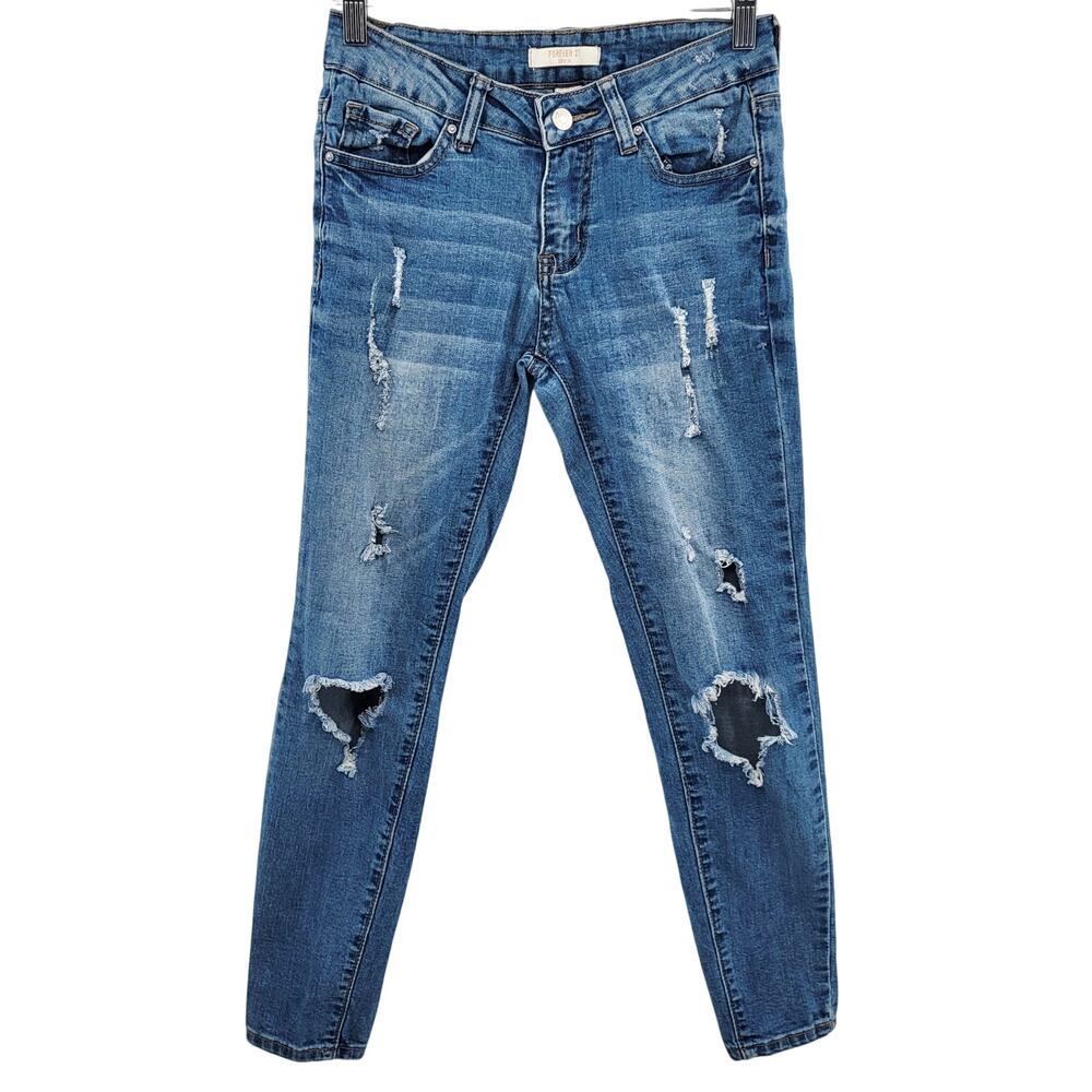 Forever 21 Denim Blue Med Wash Low-Rise Distressed Skinny Jeans Women's Size 26